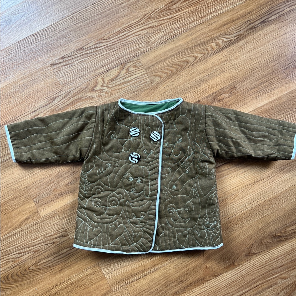 Handmade toddler quilt coat never worn 3T animals unisex adorable craft brown